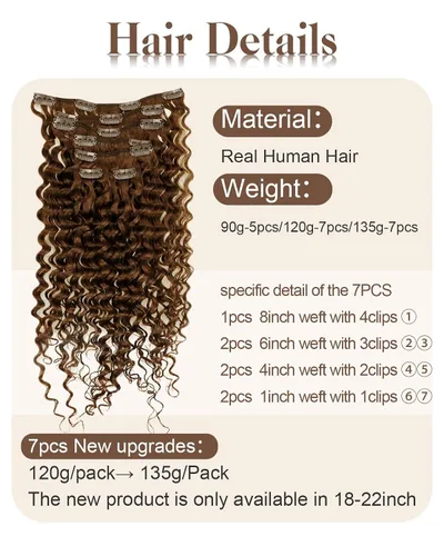 Vista 34 de Hetto . Extensiones de cabello humano rizado con clip, color #1 negro azabache, extensiones de cabello humano ondulado natural para cabeza completa