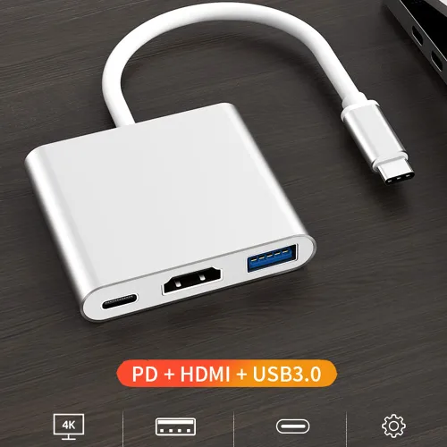 Vista 4 de IHAO 3IN1 Multi Puertos Dongle USB Tipo C a HDMI 4K HD/USB 3.0 Transferencia rápida de datos 5GBPS/PD 100W Adaptador USB C Cubierta de aluminio