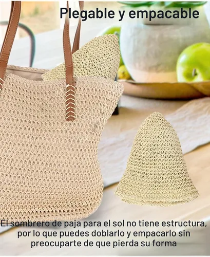 Vista 5 de Sombrero de sol para mujer, hecho a mano, con paja, protección UV, para viajes, verano, playa Beige