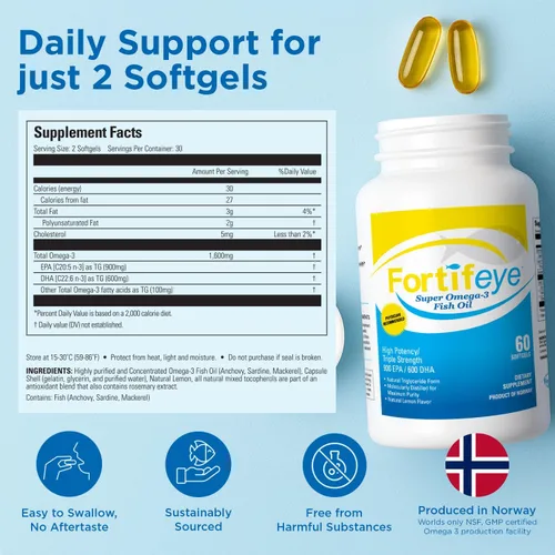 Vista 4 de Fortifeye Super Omega-3 Aceite de pescado – 60 unidades – 1600 mg EPA + DHA – Triple fuerza ultra puro rTG Omega-3 concentrado y purificado por