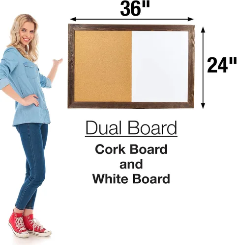 Vista 3 de Excello Global Products Combo de tablero de corcho de borrado en seco: pizarra blanca magnética con boletín de corcho y marco de madera rústica