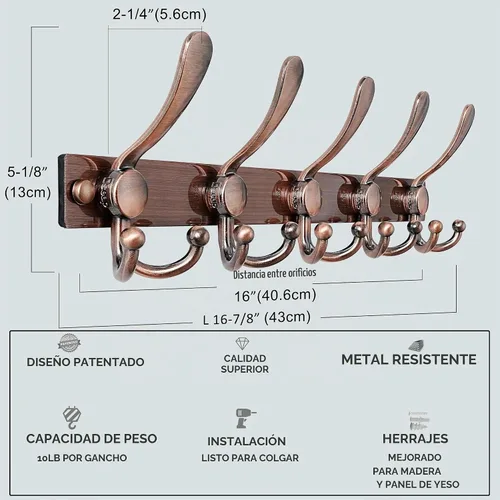 Vista 3 de Dseap - Perchero para montaje en pared, base resistente calibre 12 vs Flimsy de 0.039 pulgadas, ganchos sólidos antidesgarros, montaje en perno
