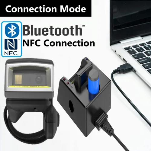 Vista 2 de EF02 Ring Barcode Scanner 1D Bluetooth NFC con base de carga Zebra SE965 Engine, Hands-Free Scanning, Finger Wearable