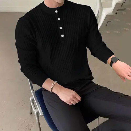 Vista 2 de Camisas de Manga Larga para Hombre, suéter de Punto ligero, suéter informal con botones, ajustado elástico
