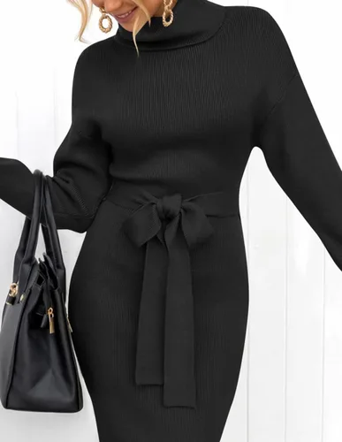 Vista 48 de ZESICA - Vestido por debajo de la rodilla de suéter, de cuello alto, para mujer, de manga larga, de punto acanalado, con abertura y cinturón