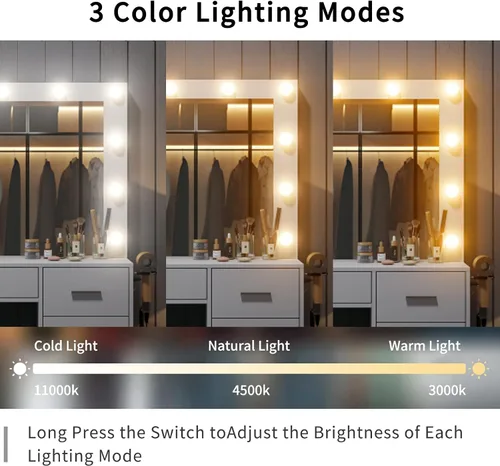Vista 5 de FUSOU Escritorio de tocador de 37 pulgadas con espejo y luces LED, tocador de maquillaje con toma de corriente y USB, 3 modos de iluminación