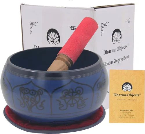 Vista 4 de DharmaObjects Yoga Meditación 6 Pulgadas 8 Símbolos de la Suerte Símbolos Cantando Tazón/Cojín/Cuero Mazo Set de Regalo (Negro)