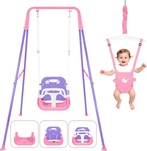 Vista 8 de Juego de columpio 4 en 1 para niños pequeños y jersey para bebé, columpio resistente para niños con rebotador, soporte plegable de metal