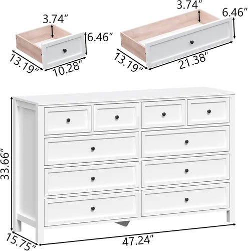 Vista 2 de Cómoda rústica con 10 cajones para dormitorio, cómoda blanca Blanco-10 Cajones
