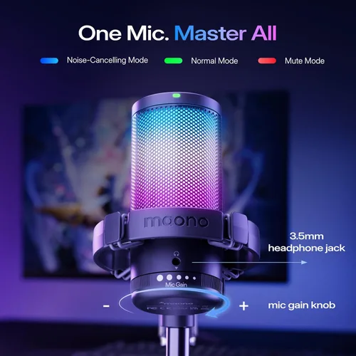Vista 5 de MAONO Micrófono USB para juegos, Micrófono condensador con cancelación de ruido con silencio, ganancia, monitoreo, micrófono de brazo de boom