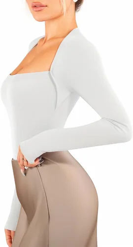 Vista 3 de MANGOPOP Square Neck Long Sleeve Bodysuits for Women Sexy Tops Basic