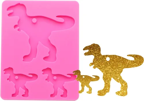 Vista 4 de Molde de resina de silicona con forma de dinosaurio, molde de resina para llavero de 3 cavidades, molde de fundición de resina para joyería