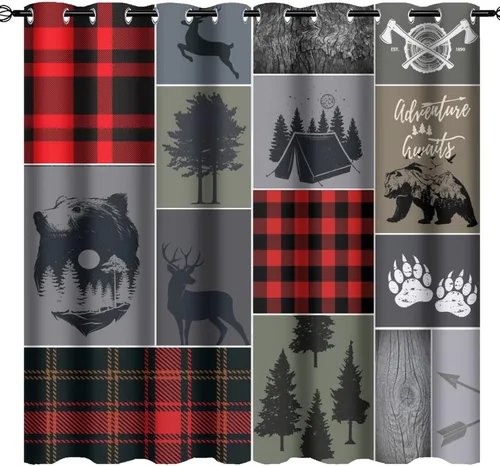 Vista 38 de Cortinas opacas rústicas de cabaña con osos y ciervos - Juego de cortinas de ventana con ojales de temática de granja abstracta, caza, animal