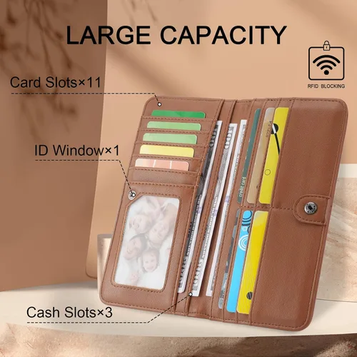 Vista 3 de MEITRUE Cartera de cuero delgada ultra delgada para mujer, con bloqueo RFID, tarjetero de crédito, plegable, largo, billetera, para mujer