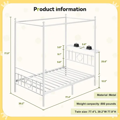 Vista 2 de Homkdom Twin Canopy Bed Frame with Storage Headboard,Noise-Free,White