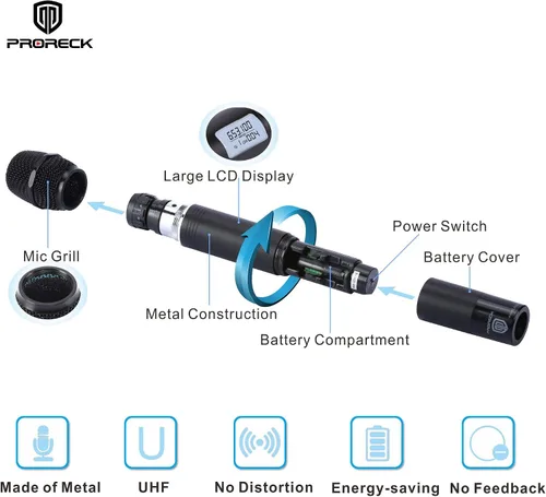 Vista 4 de PRORECK MX44 Sistema de micrófono inalámbrico UHF de 4 canales con 4 micrófonos de mano Máquina de karaoke