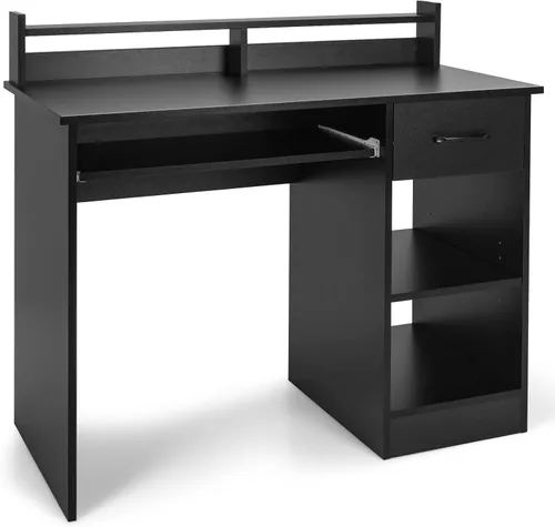 Vista 8 de Tangkula Escritorio para computadora con cajón y bandeja para teclado, escritorio de estudio moderno con gabinete de escritorio y estantes de Negro
