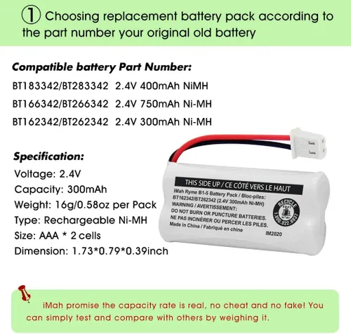 Vista 3 de iMah BT162342/BT262342 2.4V 300mAh Ni-MH batería inalámbrica para teléfono, también compatible con BT183342/BT283342 AT&T EL52351 TL90070 VTech