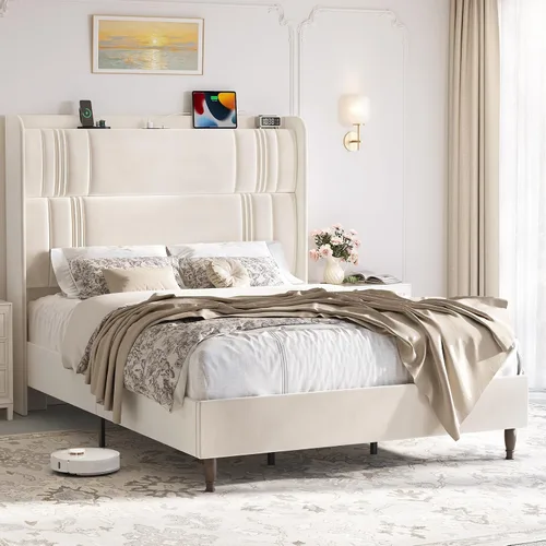 Vista 5 de Base de cama tamaño Queen con cabecera alta, plataforma tapizada de 52 pulgadas con estación de carga, marco de cama de terciopelo de lujo, cabecera