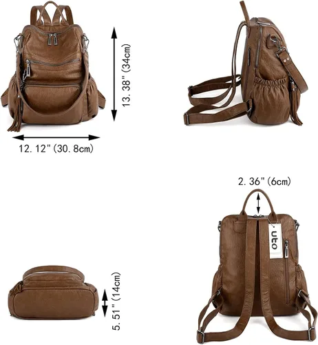 Vista 8 de UTO Mochila de cuero vegano para mujer, diseño de moda, convertible con borla, para viajes, con borla