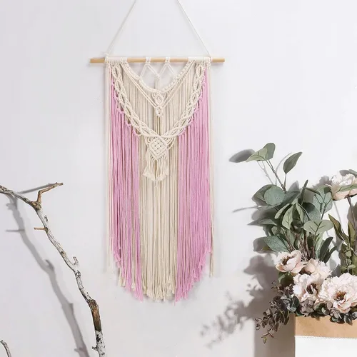 Vista 3 de LB Colgante de pared de macramé rosa, decoración de pared de macramé bohemio, borla rosa y beige, bohemio, tejido a mano, macramé, decoración