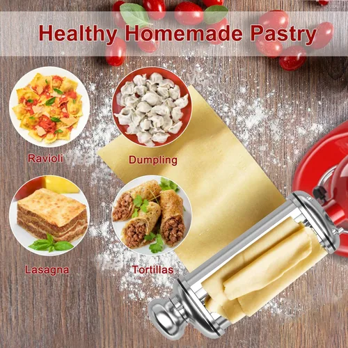 Vista 3 de Rodillo de pasta para batidora de pie KitchenAid, accesorio de rodillo de pasta de acero inoxidable con perilla de grosor ajustable de 8 posiciones