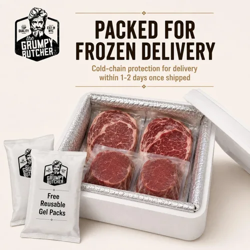Vista 5 de Caja de regalo de 4 filetes Grumpy Butcher – 2 filetes de entrecot (12 oz) y 2 filetes de solomillo superior (6 oz) – Sampler de carne Angus