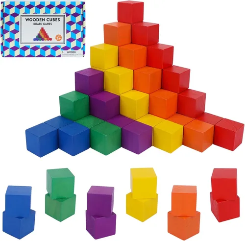 Vista 10 de Offelec Juego de 50 bloques de construcción de madera con cubo de almacenamiento, bloques apilables Montessori y juguetes de clasificación de formas