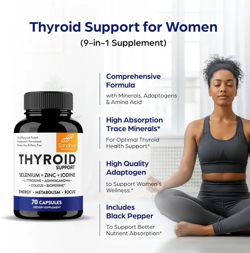 Vista 6 de Complejo de apoyo a la tiroides de Sandhu con selenio, zinc, yodo, L Tirosina, Ashwagandha Suplemento de salud pura para mujeres y hombres 70