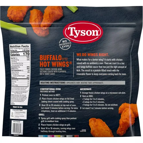 Vista 2 de Tyson Alitas de pollo con hueso estilo búfalo totalmente cocidas, con sabrosa salsa picante y picante, 0.55 onzas de proteína por porción, paquete