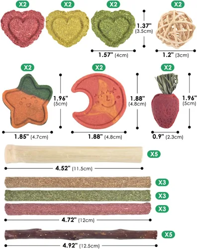 Vista 4 de ERKOON 33 juguetes masticables de conejo para dientes de conejo, juguetes naturales de conejo de madera de manzana, zanahoria, golosinas de hierba