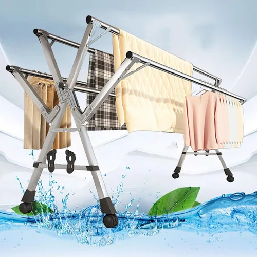 Vista 2 de Heavy Duty Stainless Steel Clothes Drying Rack - 5-Rod Retractable & Foldable Laundry Dryer, Portable Indoor/Outdoor Drying Rack with Wall Mount
