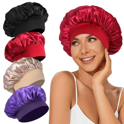 Vista 17 de 4 piezas de gorro de satén de seda, gorro de cabello para dormir, gorro de seda elástica de banda ancha para dormir, suave y transpirable Gorra