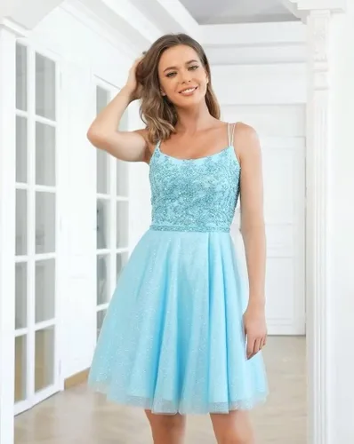 Vista 3 de Vestidos cortos de tul para adolescentes tirantes delgados vestido de graduación mini vestido de cóctel brillante