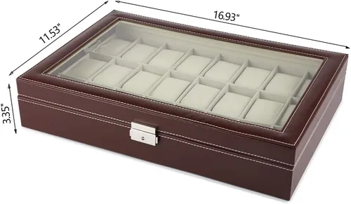 Vista 2 de Organizador de exhibición de relojes, caja grande de 24 ranuras para reloj con tapa acrílica, piel sintética marrón