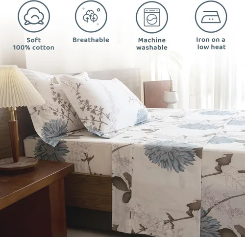 Vista 3 de QSH Sábanas 100% Algodón para Cama Tamaño King, Patrón de Plantas Florales Blancas Botánicas de Lujo de Algodón con Estampado Floral Ropa de Cama