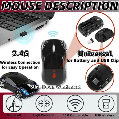 Vista 2 de Ratón inalámbrico negro, mini mouse para computadora de automóvil, 1600DPI 2.4G con receptor USB, mouse ergonómico para computadora portátil, PC