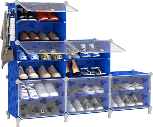 Vista 14 de UNKU Zapatero de 8 niveles, armario de almacenamiento de zapatos de 32 pares de estantes de plástico para zapatos, organizador para armario, Negro