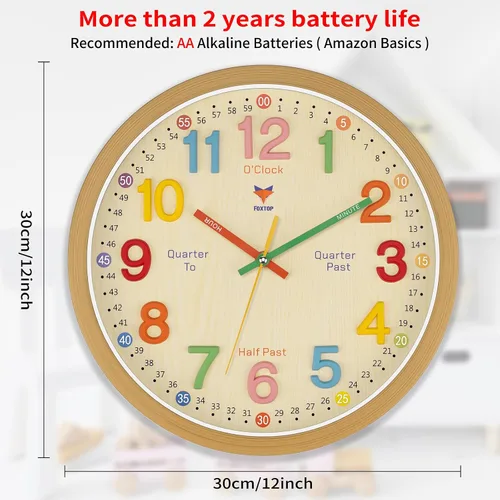 Vista 2 de Foxtop Silent Kids - Reloj de pared de aprendizaje de 12 pulgadas, sin tictac, funciona con pilas, colorido reloj para niños