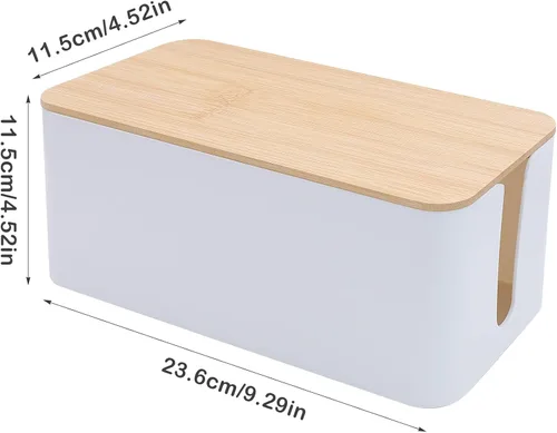 Vista 2 de Caja de ordenamiento de cables blanco con tapa de bambú, organizador de cables, caja de gestión de cables para ocultar cables y enchufes