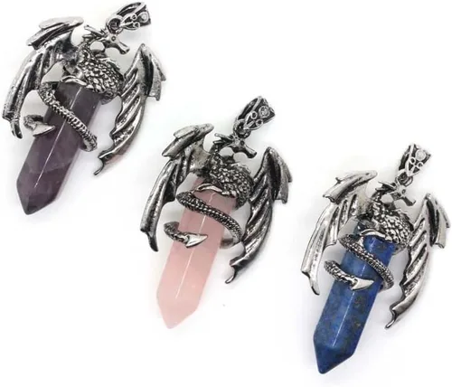 Vista 2 de Colgante de piedra rosa y rosa de cristal curativo para mujer, collar hexagonal de hombre dragón para mujer, regalo de joyería vintage, EA15N