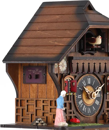 Vista 4 de Kintrot Reloj de cuco tradicional del bosque negro, reloj de pared de cuarzo de madera artesanal con 12 melodías