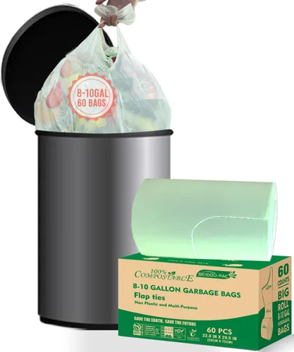 Vista 22 de BEIDOU-PAC Bolsas de basura compostables certificadas de 1.6 galones con asa, 125 bolsas de basura pequeñas de compost para cocina, bolsas de basura