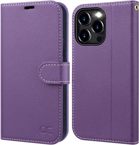 Vista 10 de OCASE Funda tipo cartera compatible con iPhone 15 Pro, de piel sintética, con tarjetero, bloqueo RFID, soporte para teléfono