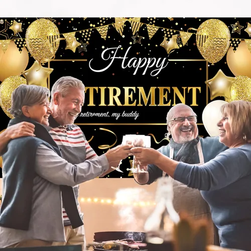 Vista 4 de GEMLORD Decoraciones de fiesta de jubilación con texto en inglés «Happy Retirement» de tela grande, telón de fondo negro y dorado con cuerda