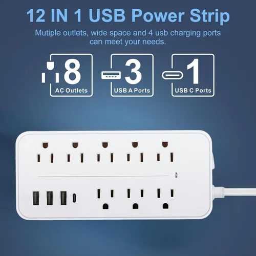 Vista 2 de Protección contra sobretensiones de 5 pies con cable plano de extensión, regleta de alimentación con enchufe plano listada por ETL, 8 tomas de CA, 4