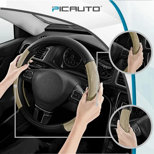 Vista 4 de PIC AUTO Funda para volante, protector de volante de automóvil de cuero de grano de seda, agarre cómodo, universal de 14.5 a 15.5 pulgadas