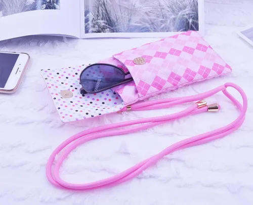 Vista 2 de Funda suave para lentes doble para mujer, con correa ajustable para el hombro y llavero para teléfono celular