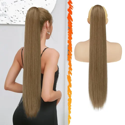 Vista 26 de Barsdar Extensión de cola de caballo marrón oscuro - Extensiones de cola de caballo cortas y rectas de 14 pulgadas con cordón para mujeres