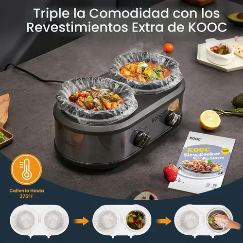 Vista 5 de KOOC Olla de cocción lenta doble pequeña, servidor de buffet y calentador, 2 ollas mini con 3 temperaturas ajustables individuales, ollas cerámicas